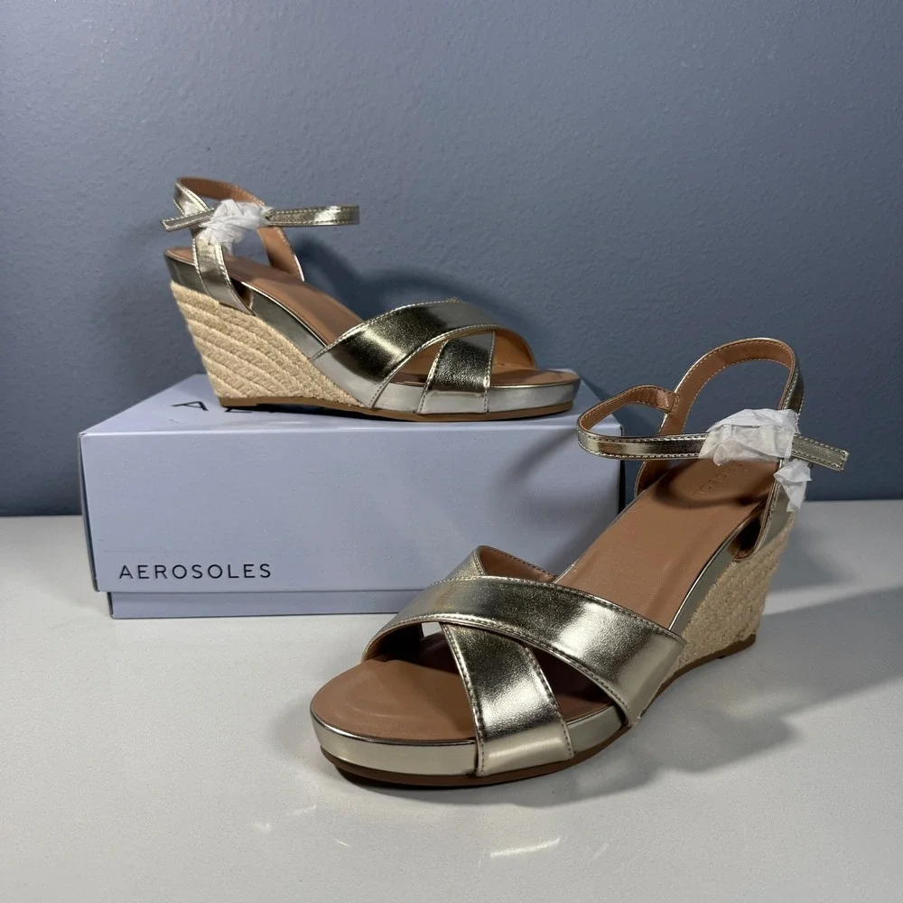 Aerosoles‎ Pastel Womens Soft Gold Metallic Espadrille Wedge Sandals 10M